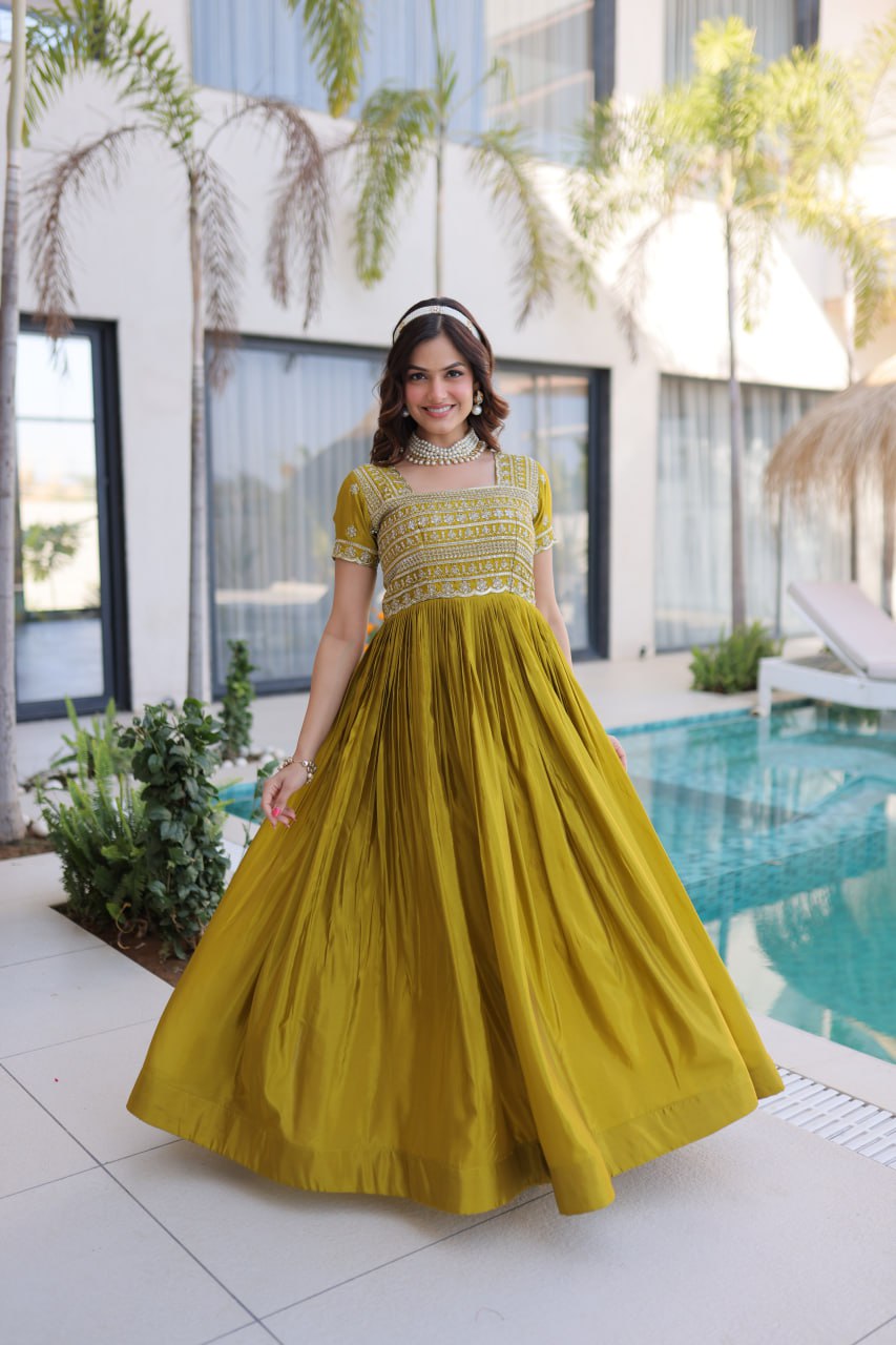 Mehendi H.O Fabric Sequins Zari & Pipe Beads Embroidered Gown – Designer Festive Party Wear Gown