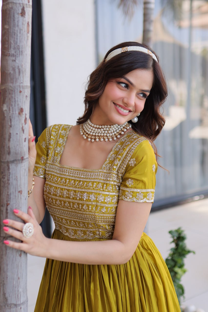 Mehendi H.O Fabric Sequins Zari & Pipe Beads Embroidered Gown – Designer Festive Party Wear Gown