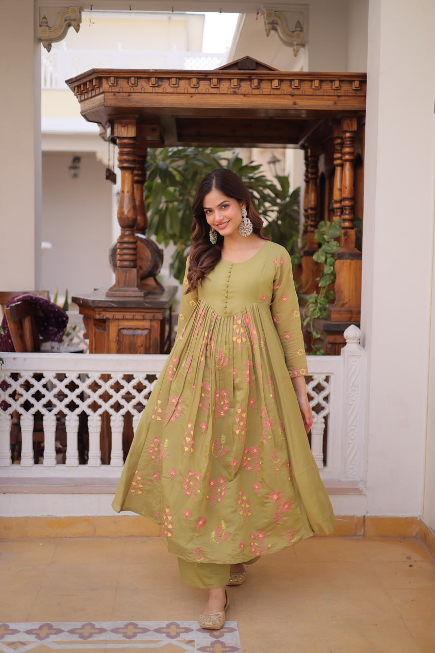 Mehendi Mal Chanderi Embroidered Work Salwar Suit – Designer Festive Party Wear Suit