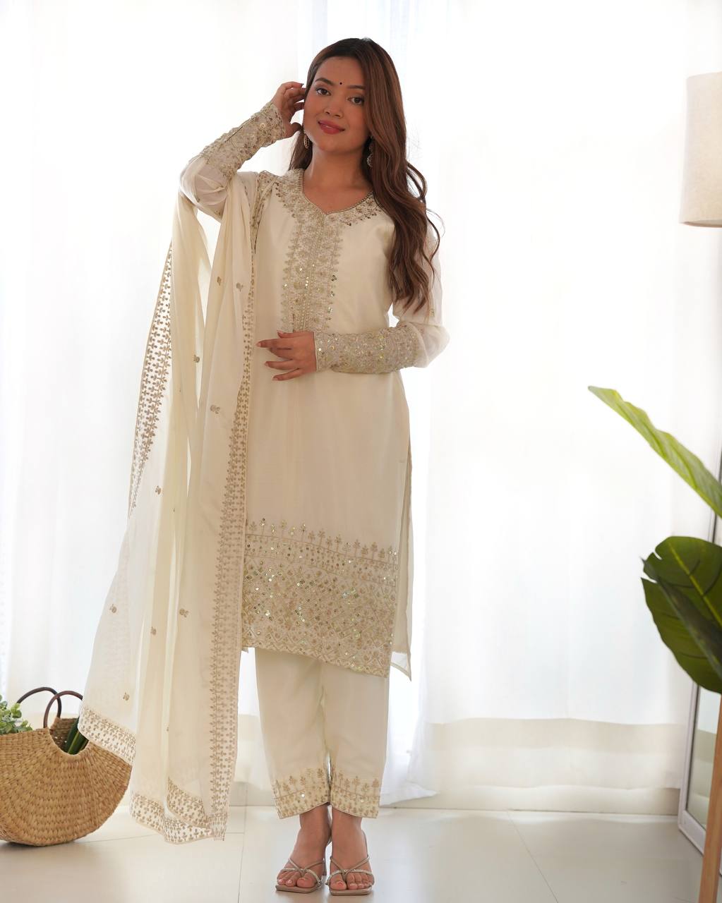 White Pure Chinon Silk Fabric With Beautiful Embroidery Sequence Jari Work Salwar Suit
