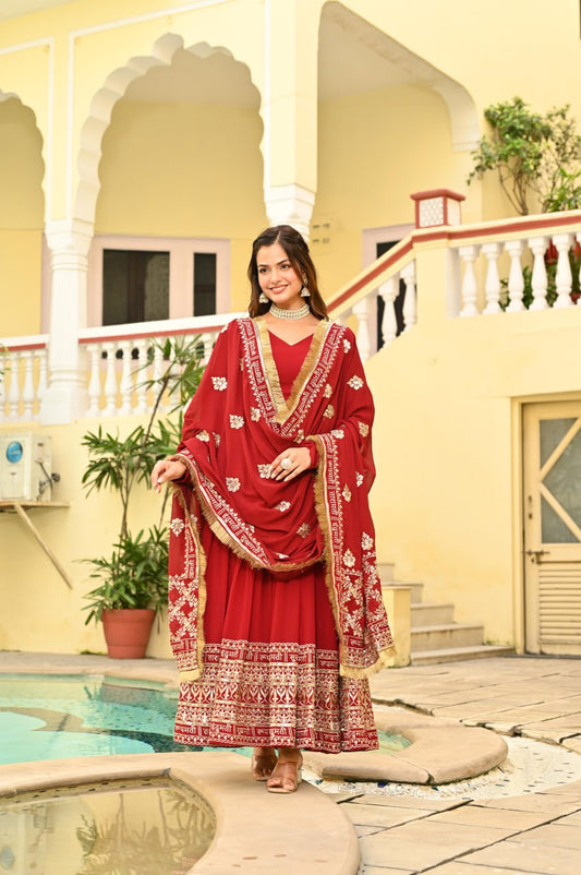 Maroon Faux Blooming With Embroidery Zari Sequins Work Gown
