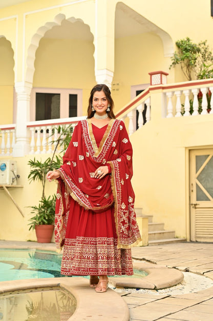 Maroon Faux Blooming With Embroidery Zari Sequins Work Gown