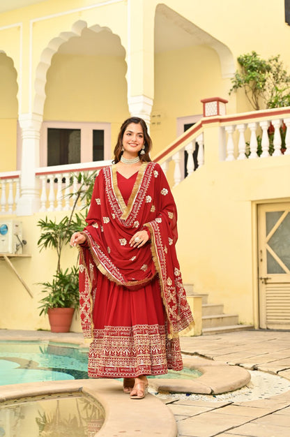 Maroon Faux Blooming With Embroidery Zari Sequins Work Gown
