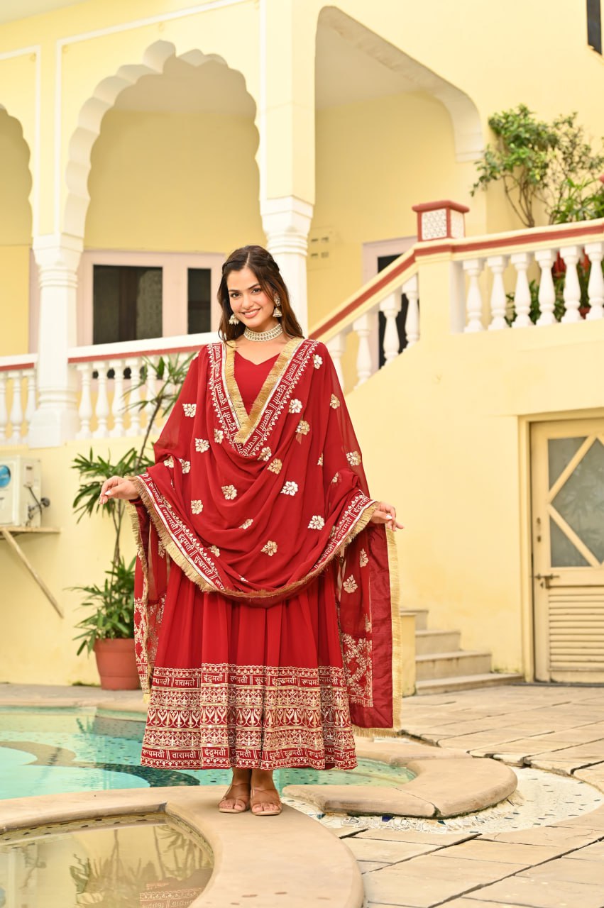 Maroon Faux Blooming With Embroidery Zari Sequins Work Gown