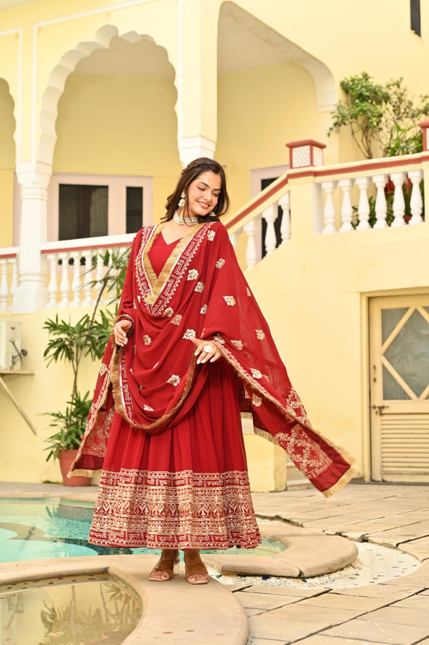 Maroon Faux Blooming With Embroidery Zari Sequins Work Gown