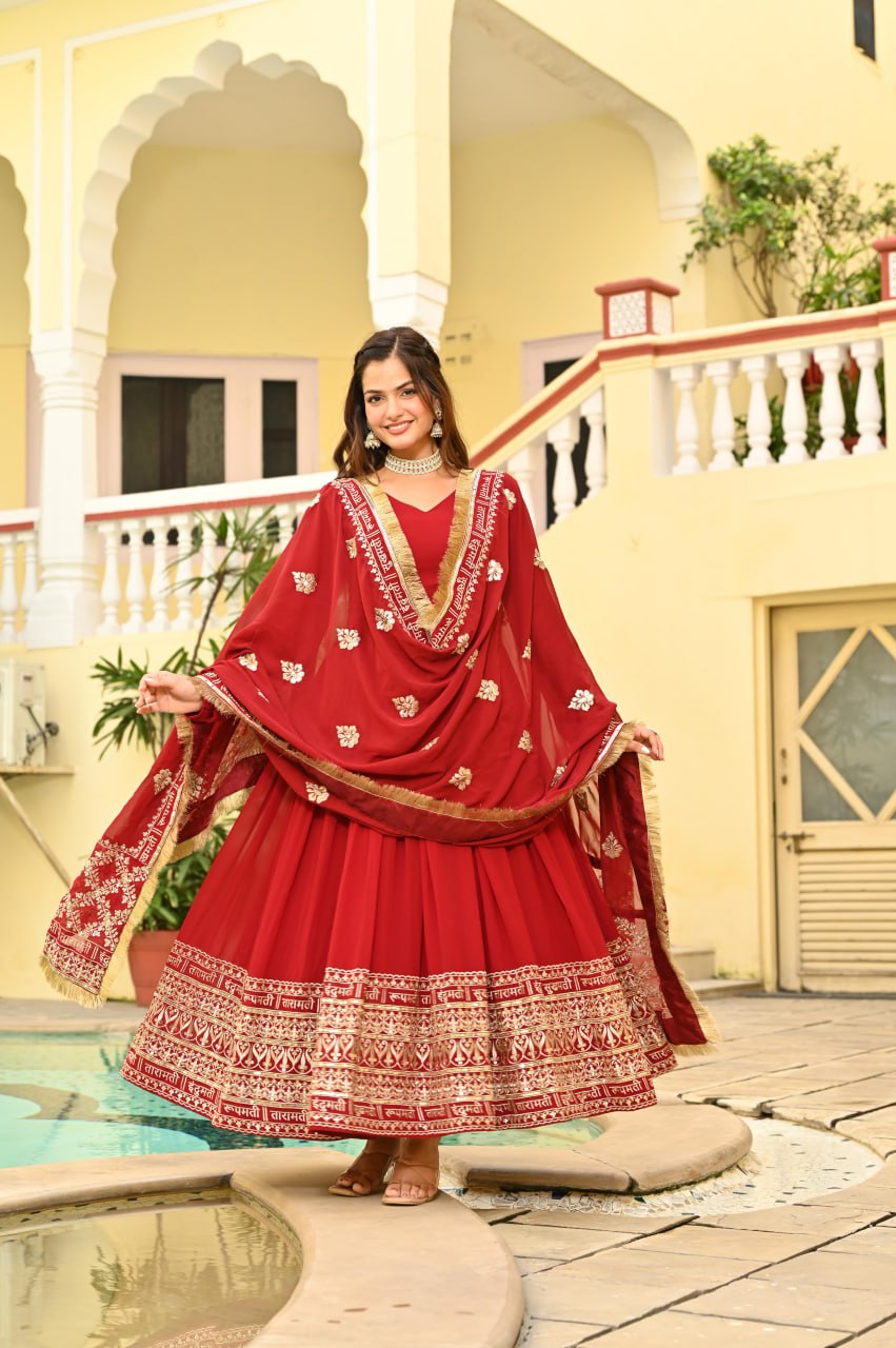 Maroon Faux Blooming With Embroidery Zari Sequins Work Gown