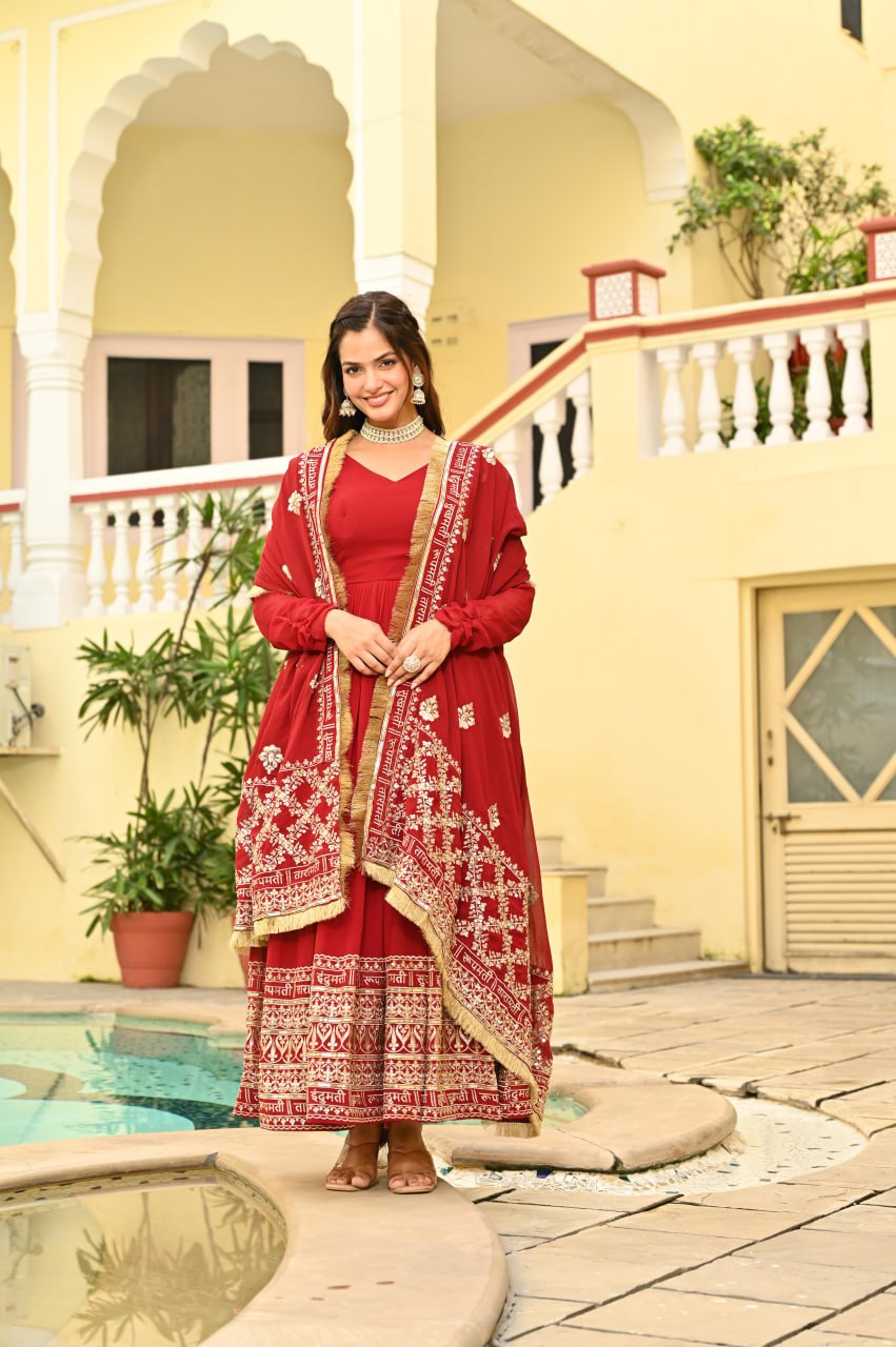 Maroon Faux Blooming With Embroidery Zari Sequins Work Gown