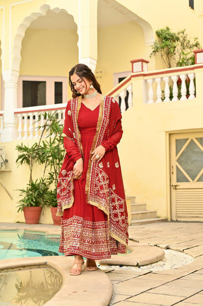 Maroon Faux Blooming With Embroidery Zari Sequins Work Gown