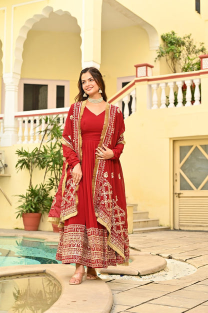 Maroon Faux Blooming With Embroidery Zari Sequins Work Gown