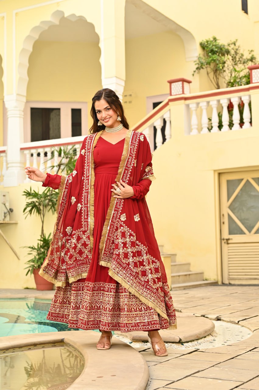 Maroon Faux Blooming With Embroidery Zari Sequins Work Gown
