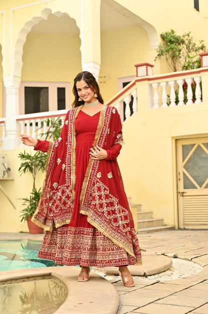 Maroon Faux Blooming With Embroidery Zari Sequins Work Gown