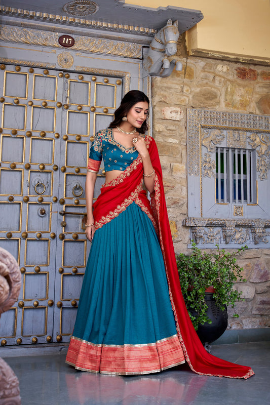 Teal Blue Vichitra Silk Zari Weaving Work Lace Border Belt With Sequins Lace Lehenga Choli
