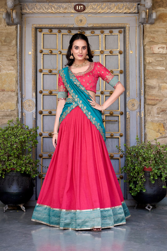 Pink Vichitra Silk Zari Weaving Work Lace Border Belt With Sequins Lace Lehenga Choli