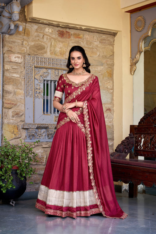 Salmon Vichitra Silk Zari Weaving Work Lace Border Belt With Sequins Lace Lehenga Choli
