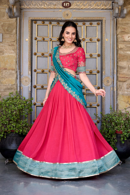 Pink Vichitra Silk Zari Weaving Work Lace Border Belt With Sequins Lace Lehenga Choli