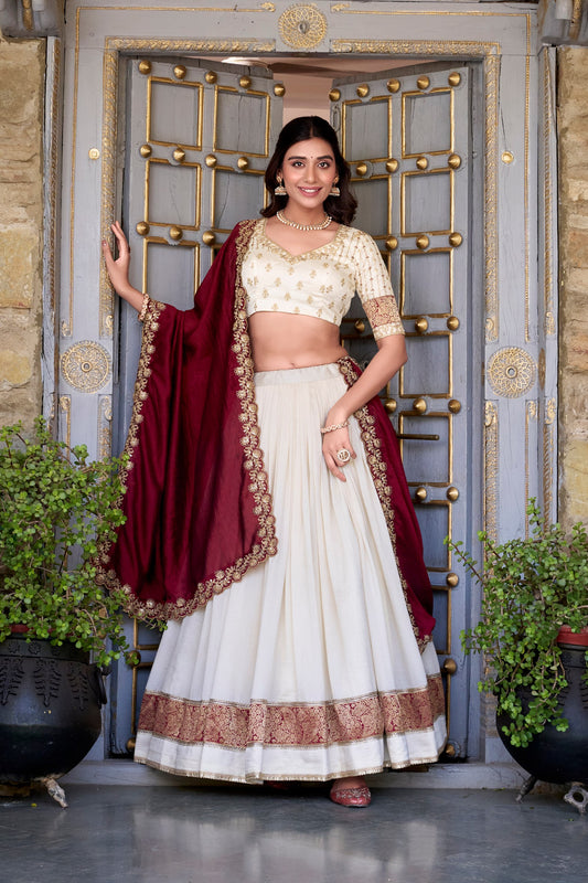 Off White Vichitra Silk Zari Weaving Work Lace Border Belt With Sequins Lace Lehenga Choli