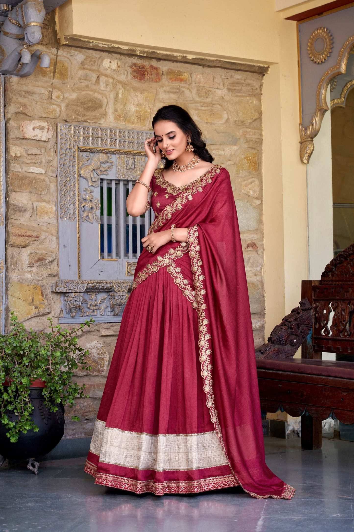 Salmon Vichitra Silk Zari Weaving Work Lace Border Belt With Sequins Lace Lehenga Choli