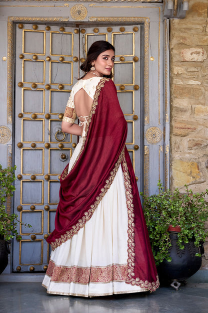 Off White Vichitra Silk Zari Weaving Work Lace Border Belt With Sequins Lace Lehenga Choli