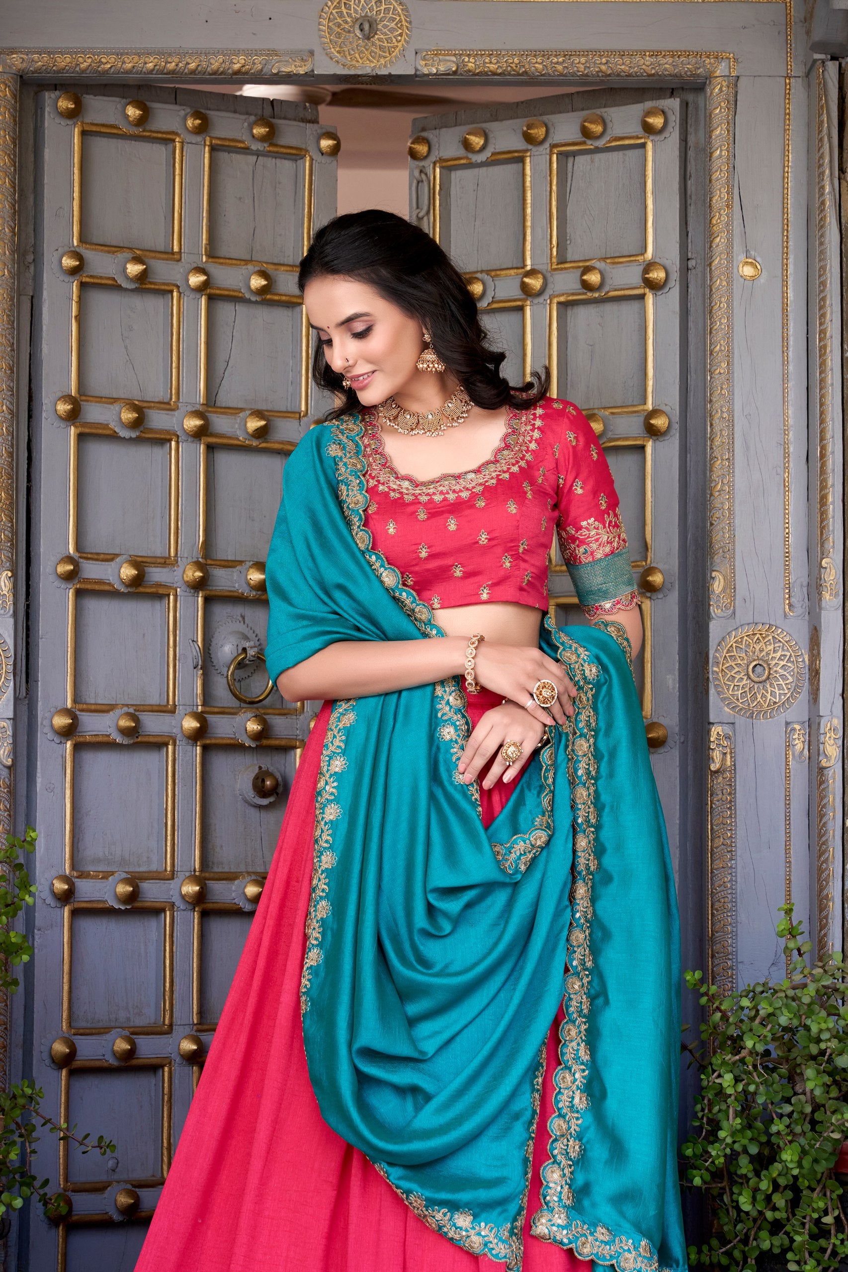 Pink Vichitra Silk Zari Weaving Work Lace Border Belt With Sequins Lace Lehenga Choli