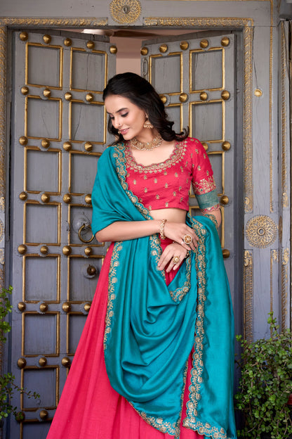 Pink Vichitra Silk Zari Weaving Work Lace Border Belt With Sequins Lace Lehenga Choli