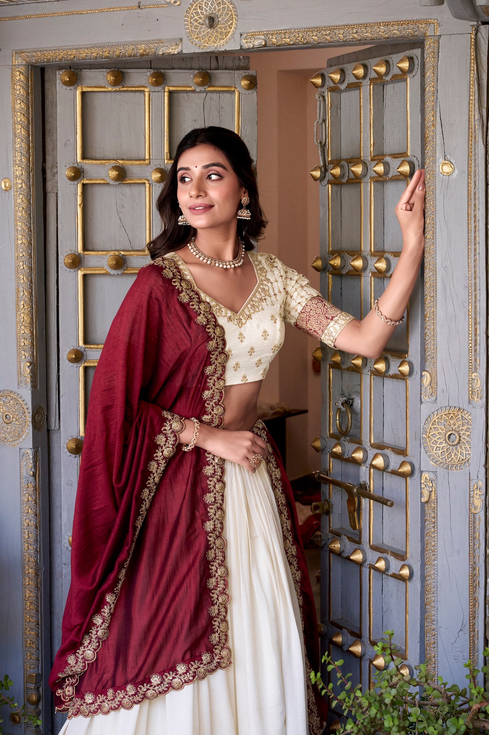 Off White Vichitra Silk Zari Weaving Work Lace Border Belt With Sequins Lace Lehenga Choli