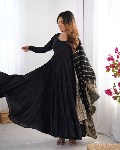 Black Chanderi Silk Full Churidar Sleeves Lace Work Anarkali Salwar Suit