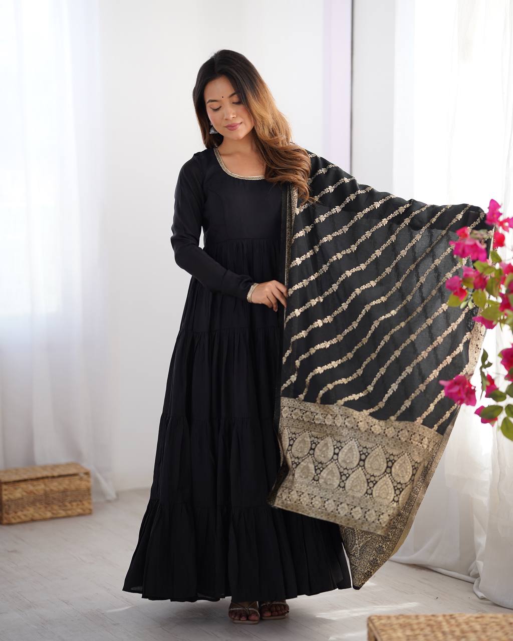 Black Chanderi Silk Full Churidar Sleeves Lace Work Anarkali Salwar Suit