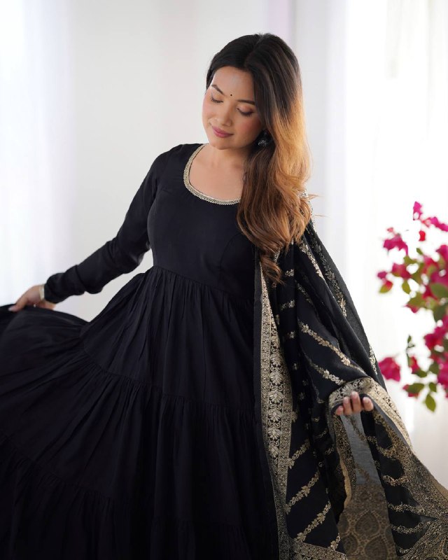 Black Chanderi Silk Full Churidar Sleeves Lace Work Anarkali Salwar Suit