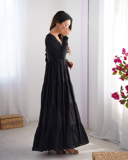 Black Chanderi Silk Full Churidar Sleeves Lace Work Anarkali Salwar Suit