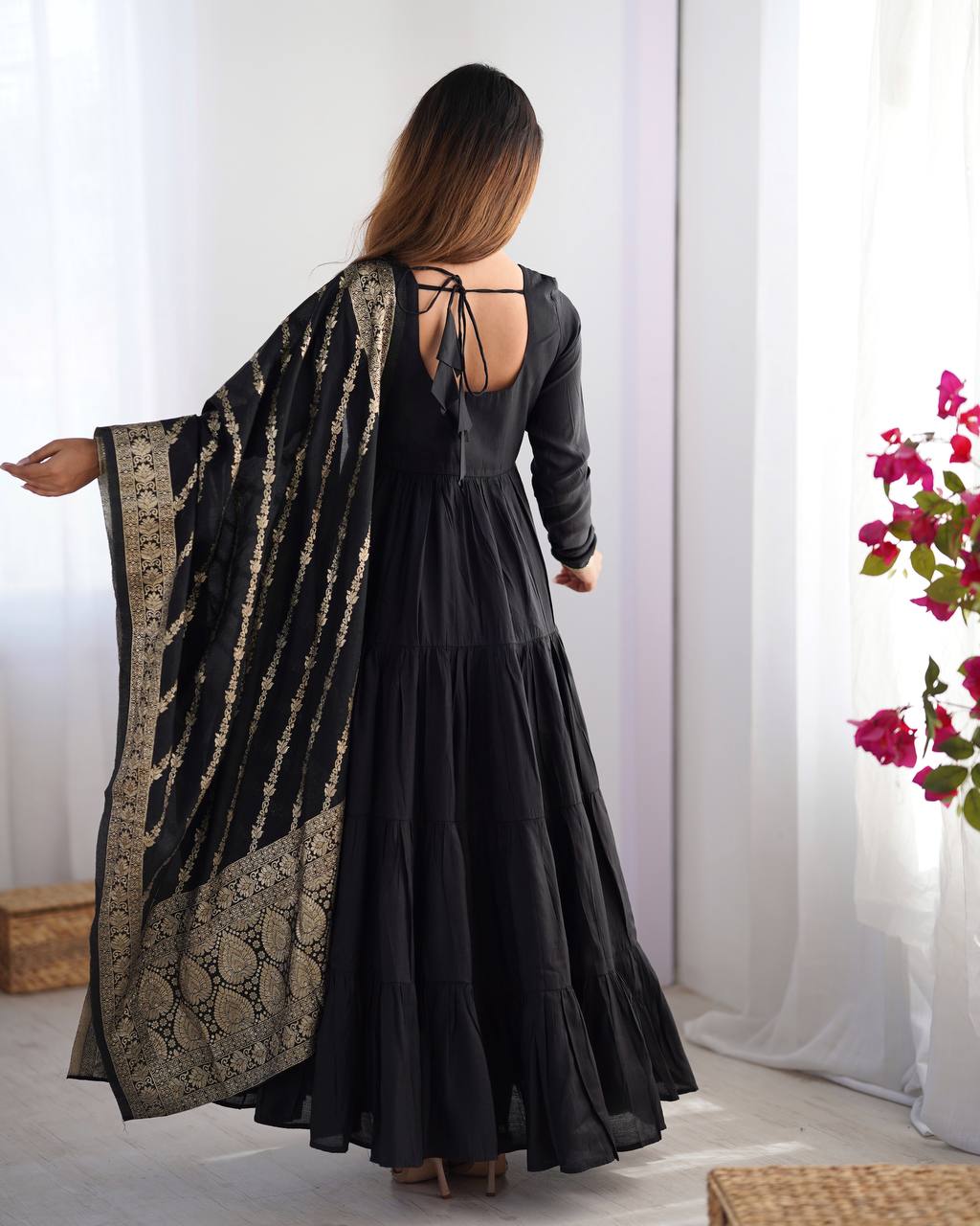 Black Chanderi Silk Full Churidar Sleeves Lace Work Anarkali Salwar Suit