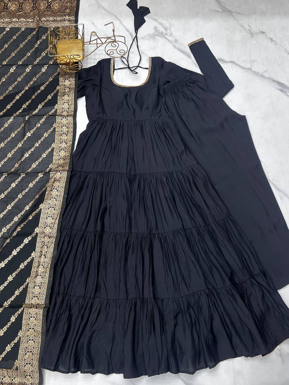 Black Chanderi Silk Full Churidar Sleeves Lace Work Anarkali Salwar Suit