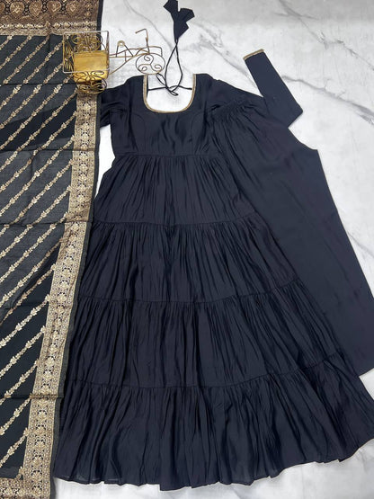 Black Chanderi Silk Full Churidar Sleeves Lace Work Anarkali Salwar Suit