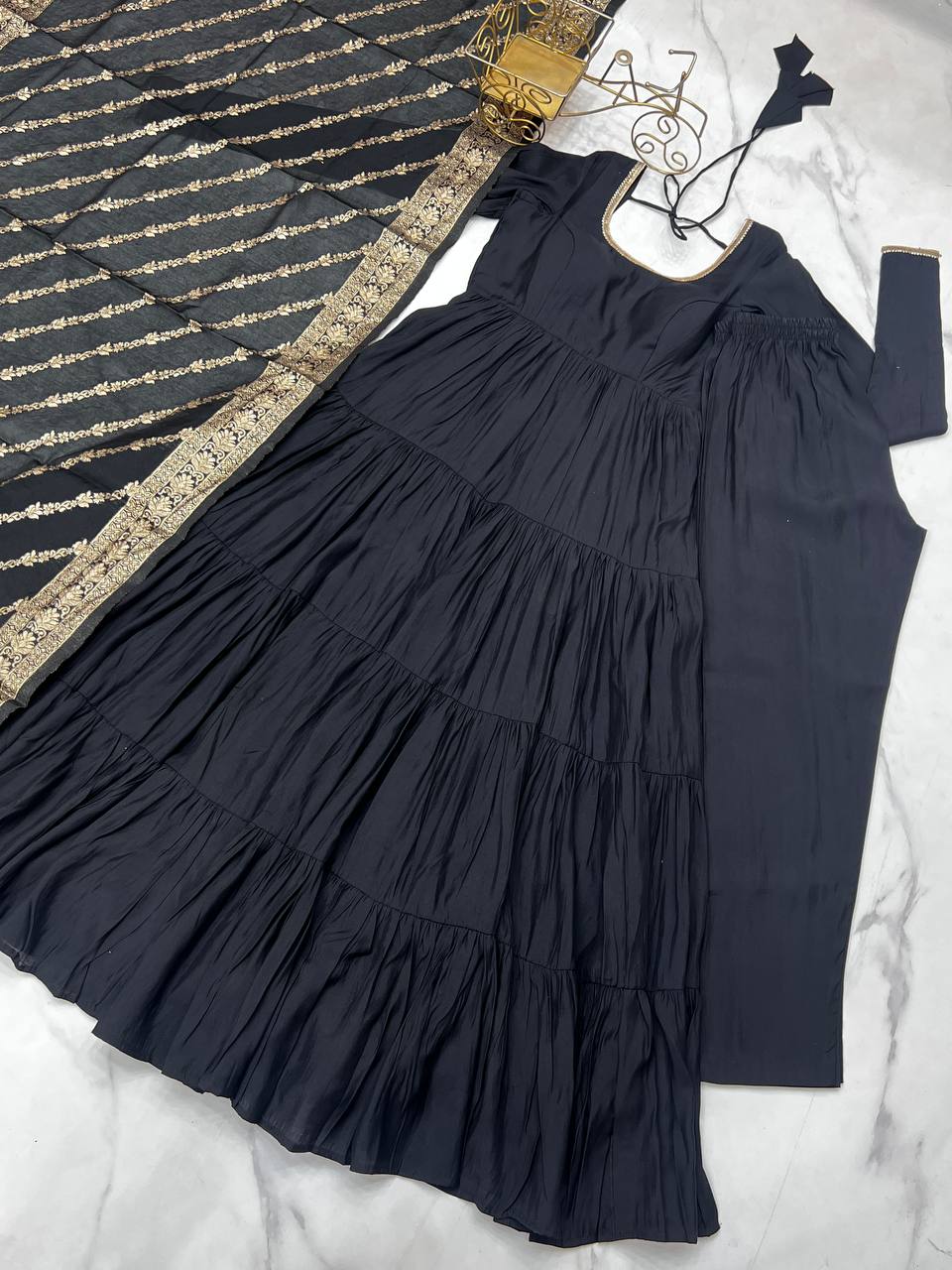 Black Chanderi Silk Full Churidar Sleeves Lace Work Anarkali Salwar Suit