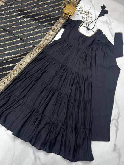 Black Chanderi Silk Full Churidar Sleeves Lace Work Anarkali Salwar Suit