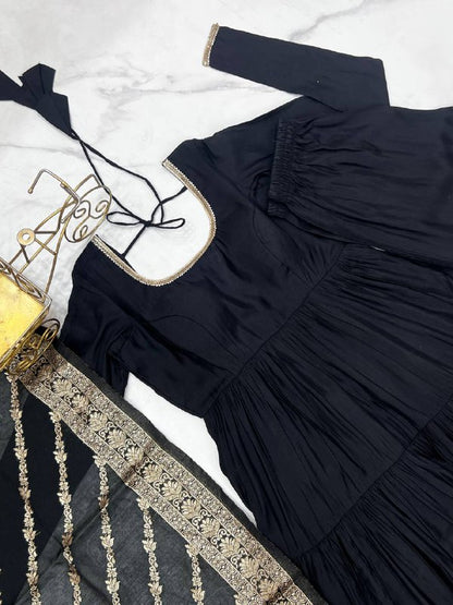 Black Chanderi Silk Full Churidar Sleeves Lace Work Anarkali Salwar Suit