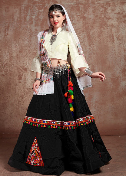 White Rajwadi Gamthi Lace With Mirror Work Navratri Lehenga Choli