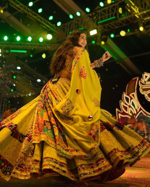 Yellow dandiya lehenga choli with printed dupatta
