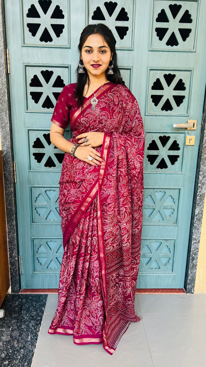 Deep Maroon Mul Mul Cotton Silk Print Lightweight Saree
