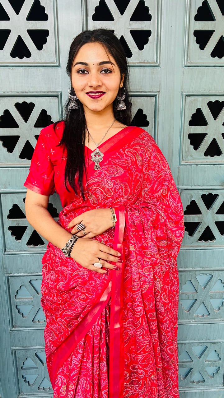 Bright Red Mul Mul Cotton Silk Print Lightweight Saree