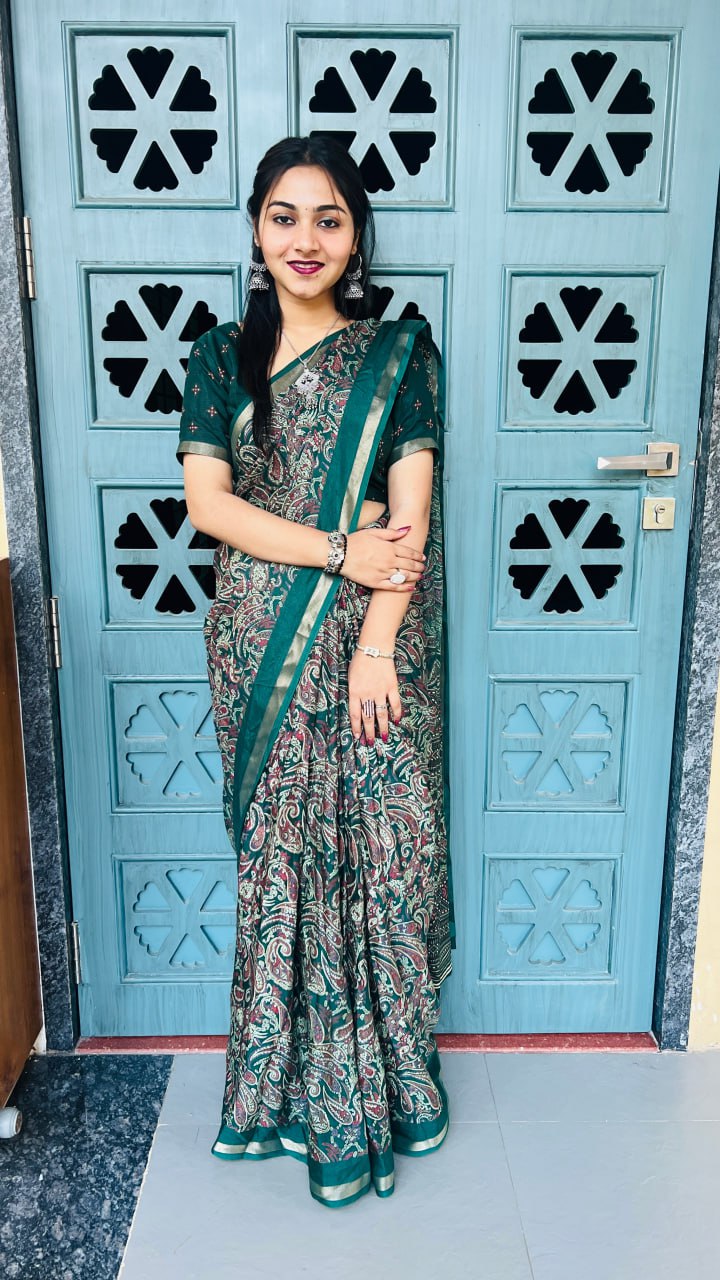 Emerald Green Mul Mul Cotton Silk Print Lightweight Saree