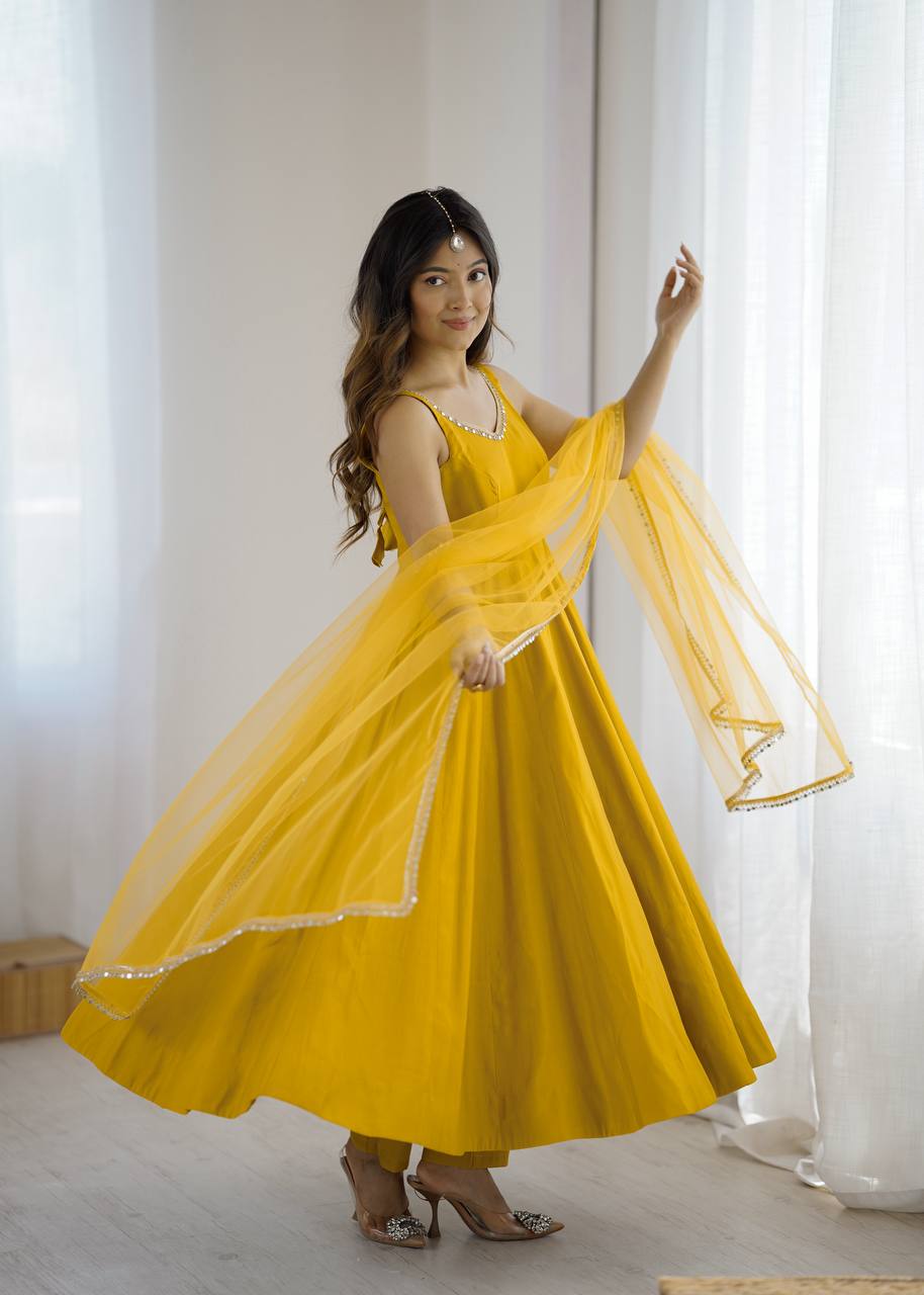 Yellow Heavy Pure Roman silk Chanderi Fabric Salwar Suit