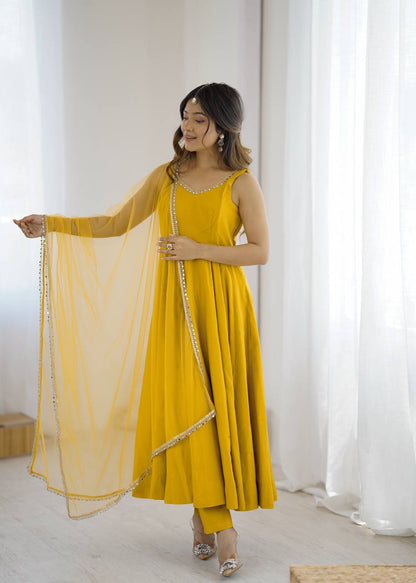 Yellow Heavy Pure Roman silk Chanderi Fabric Salwar Suit