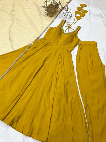 Yellow Heavy Pure Roman silk Chanderi Fabric Salwar Suit