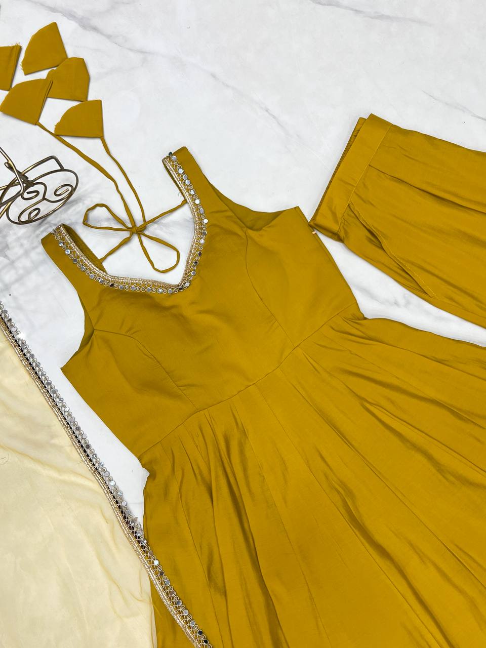 Yellow Heavy Pure Roman silk Chanderi Fabric Salwar Suit