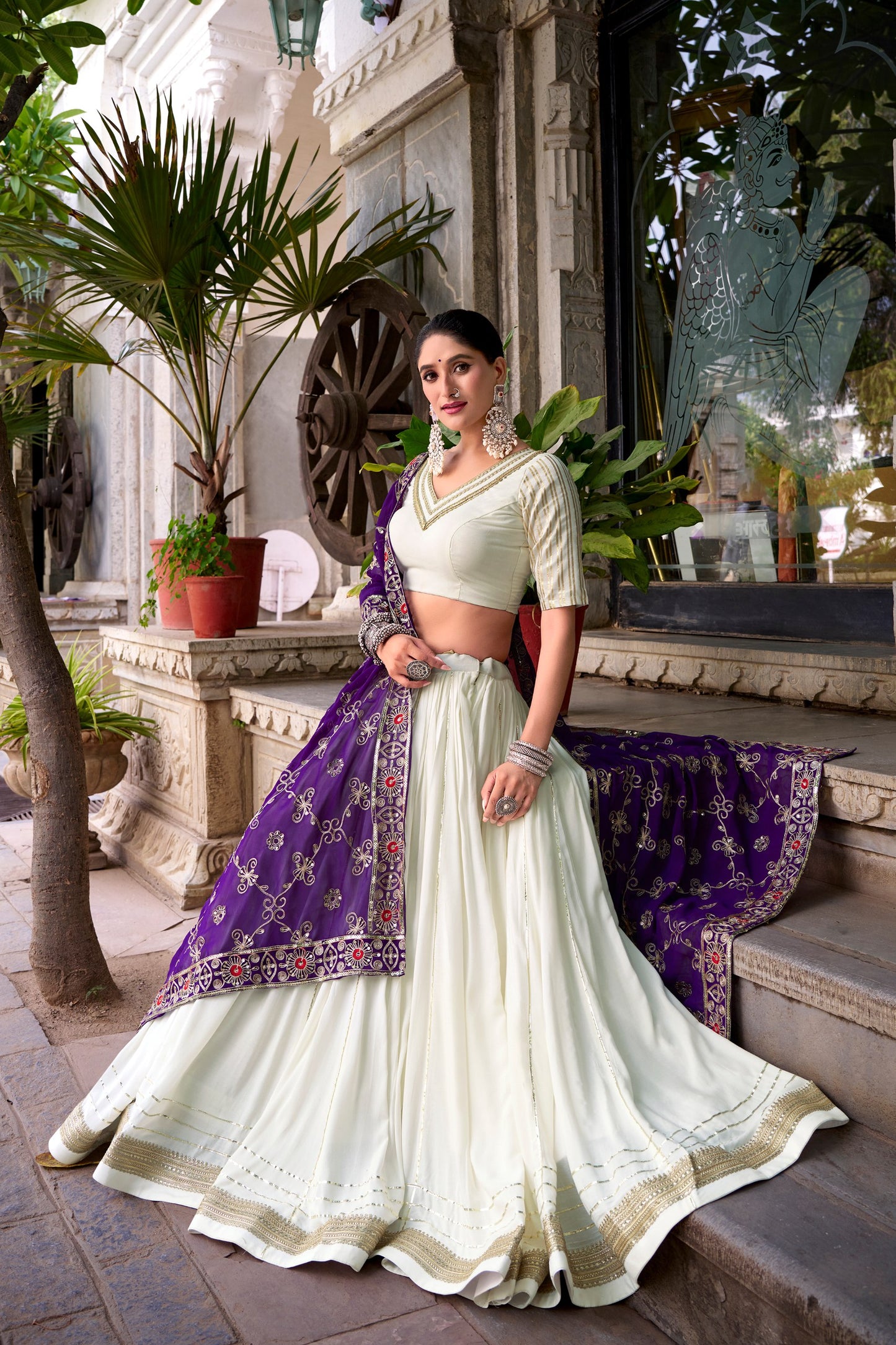 White Pure Rayon Zari Weaving Work Navratri Lehenga Choli
