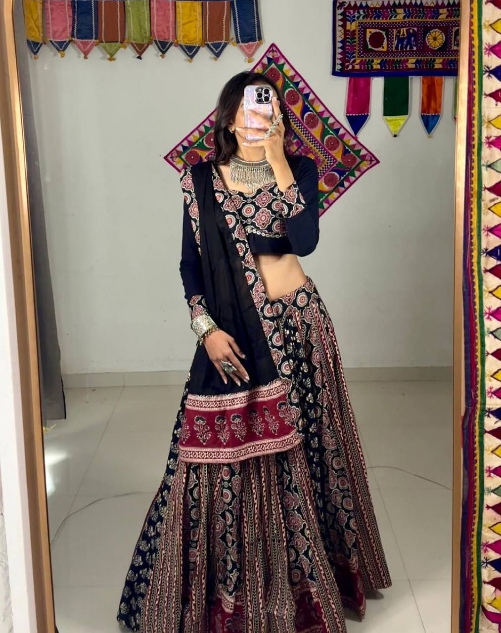 Black Multicolor Rayon Real Mirror Work Navratri Lehenga Choli