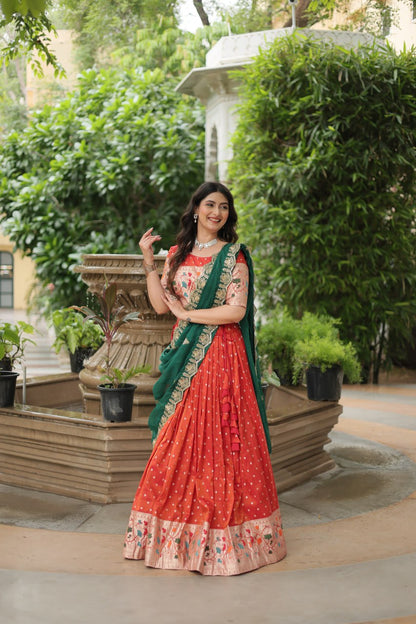 Orange Color Cosmos Jequard With Meena Weaving Lehenga