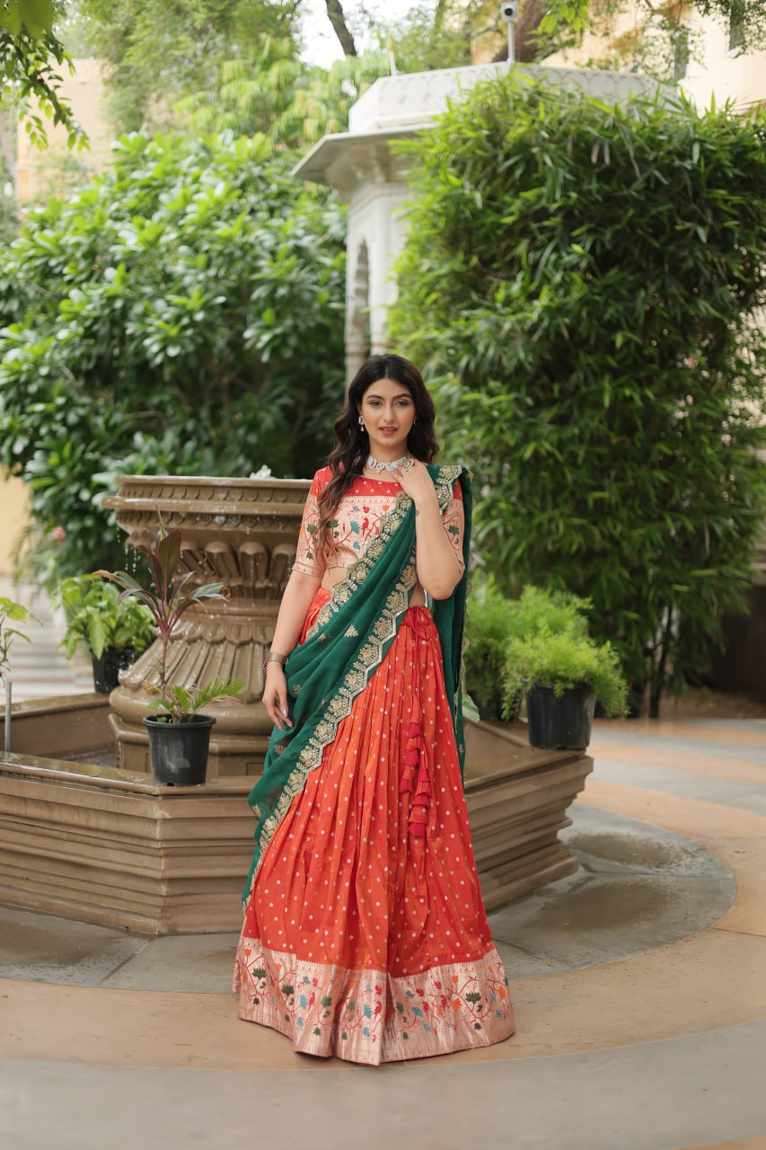 Orange Color Cosmos Jequard With Meena Weaving Lehenga