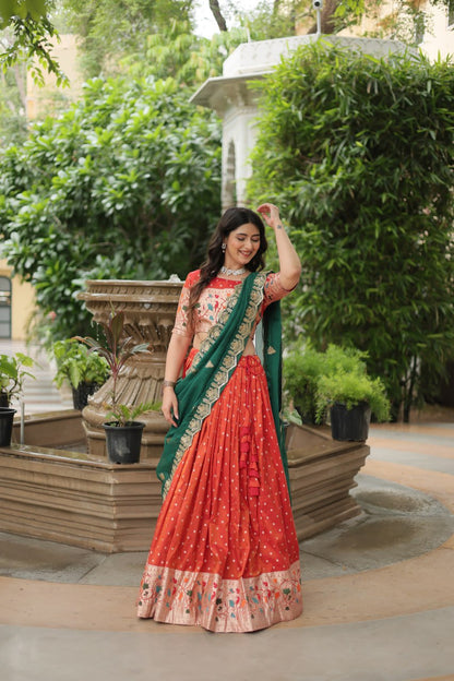 Orange Color Cosmos Jequard With Meena Weaving Lehenga