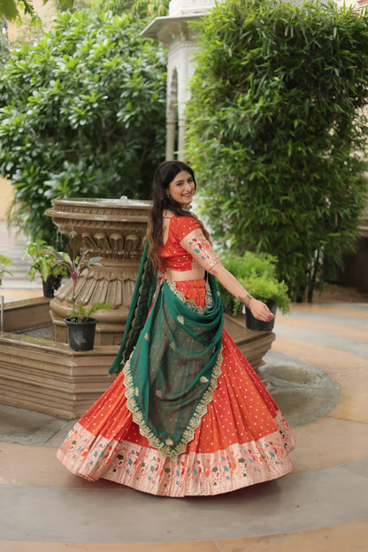 Orange Color Cosmos Jequard With Meena Weaving Lehenga